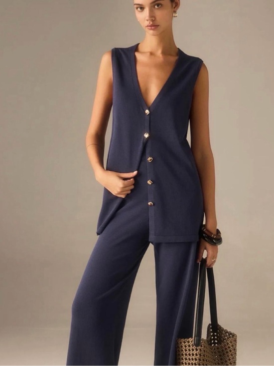 Commense Pants - COMMENSE Golden Button Knit Vest Pants Set XL navy wide leg sleeveless high rise